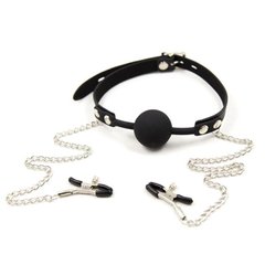 Кляп с зажимами на соски DS Fetish Locking gag with nipple clamps black