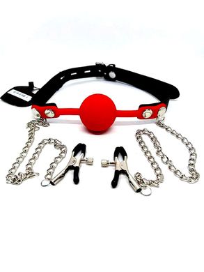 Кляп із затискачами на соски DS Fetish Locking gag with nipple clamps black/red